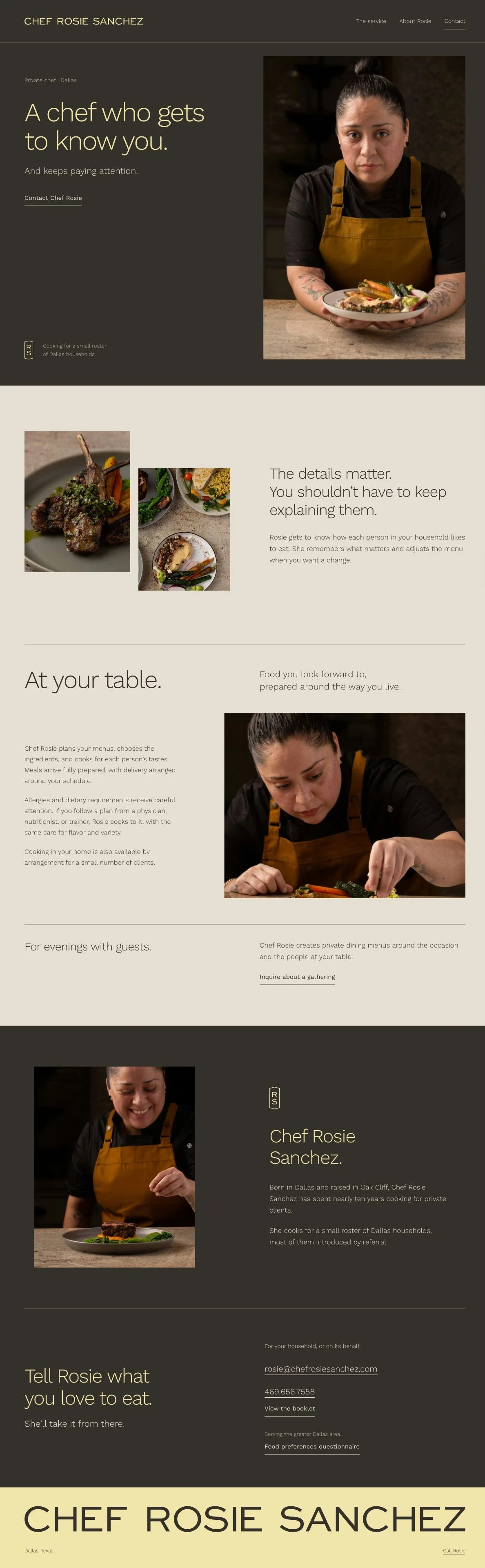 Rosie’s website: a personal introduction, prepared meals and private dining, her background, and contact details.