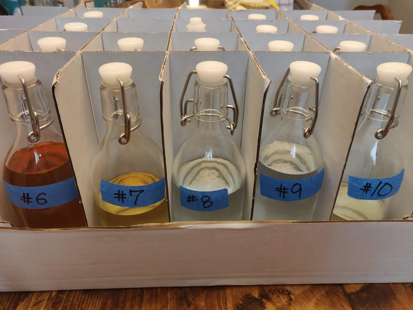 Numbered bottles prepared for blind tasting