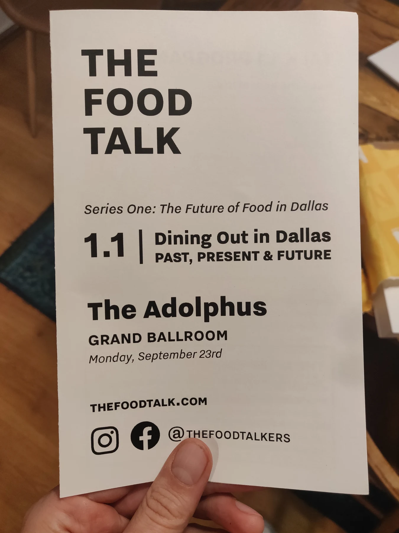 Printed Food Talk program cover for Dining Out in Dallas at The Adolphus.