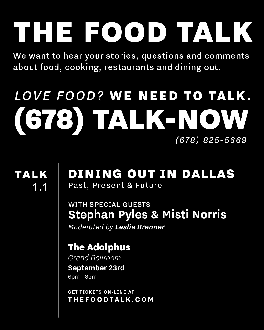 The Food Talk 1.1 advertisement inviting stories and questions for Stephan Pyles and Misti Norris at The Adolphus