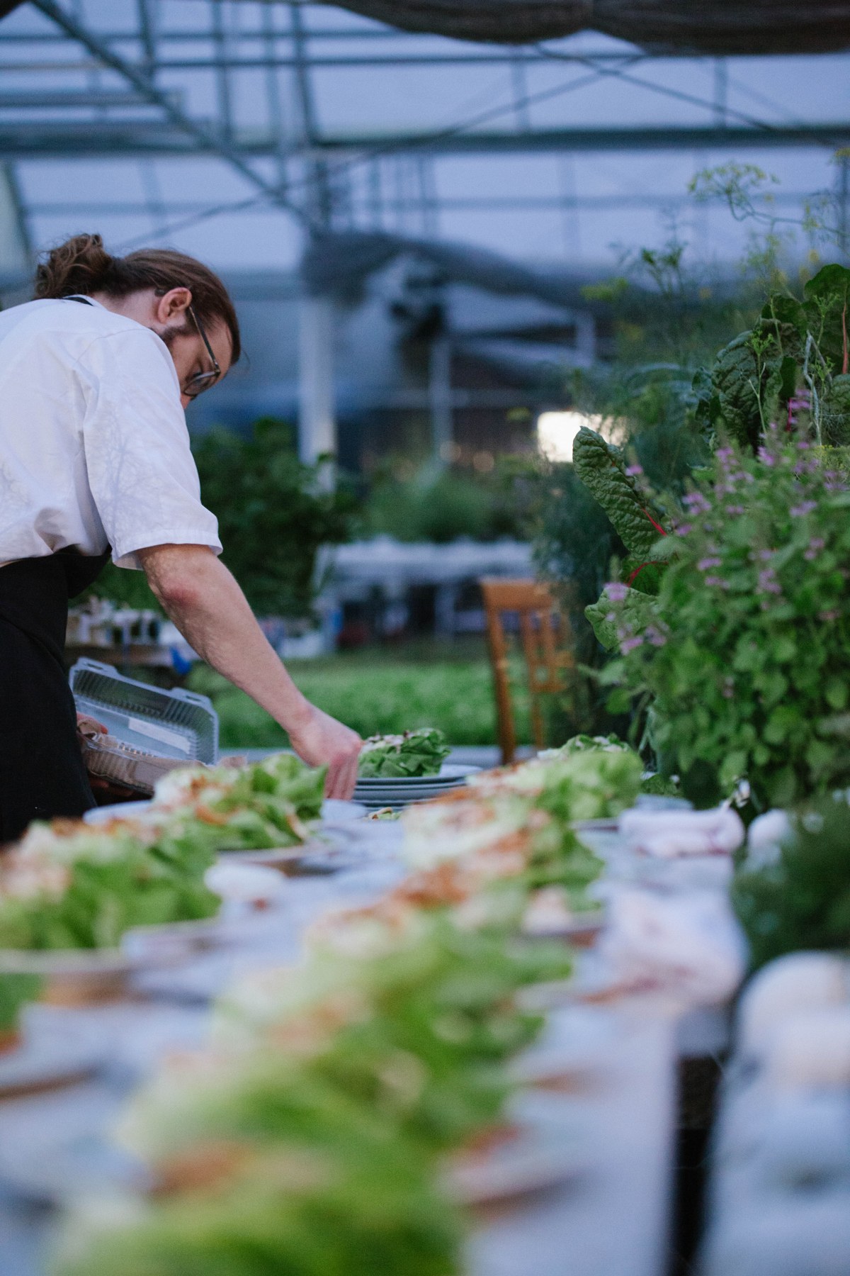 Dinner prepared inside the greenhouse. Food by Josh Sutcliff.