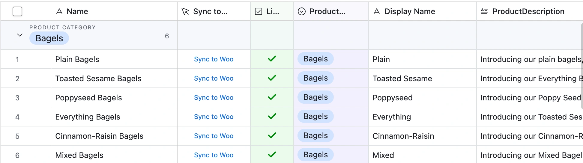 The product catalog, with controls to sync to WooCommerce.