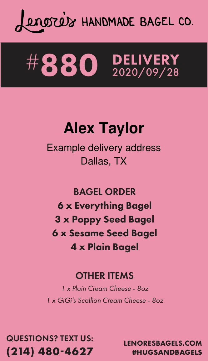 Original Lenore’s delivery tag for order 880, with example customer details.