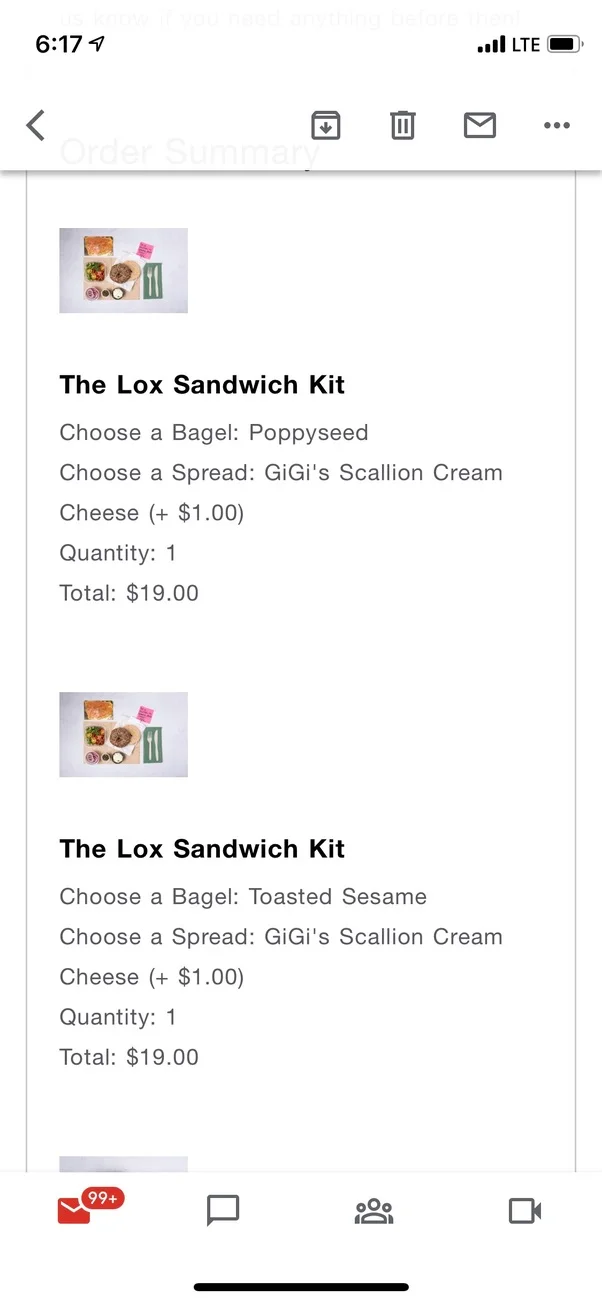 Original order summary showing bagel and spread selections.