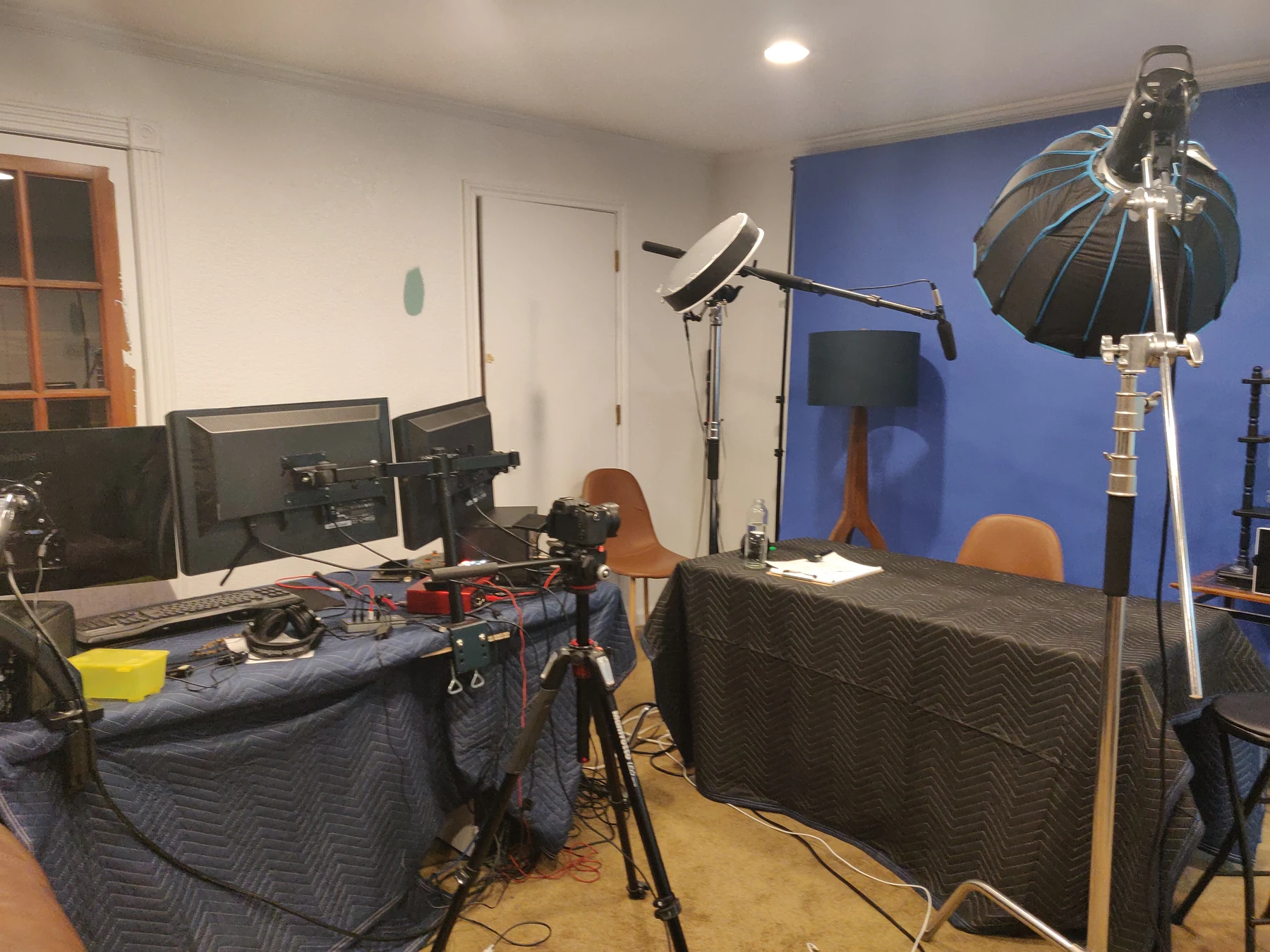 Lighting and backdrop for the home broadcast.