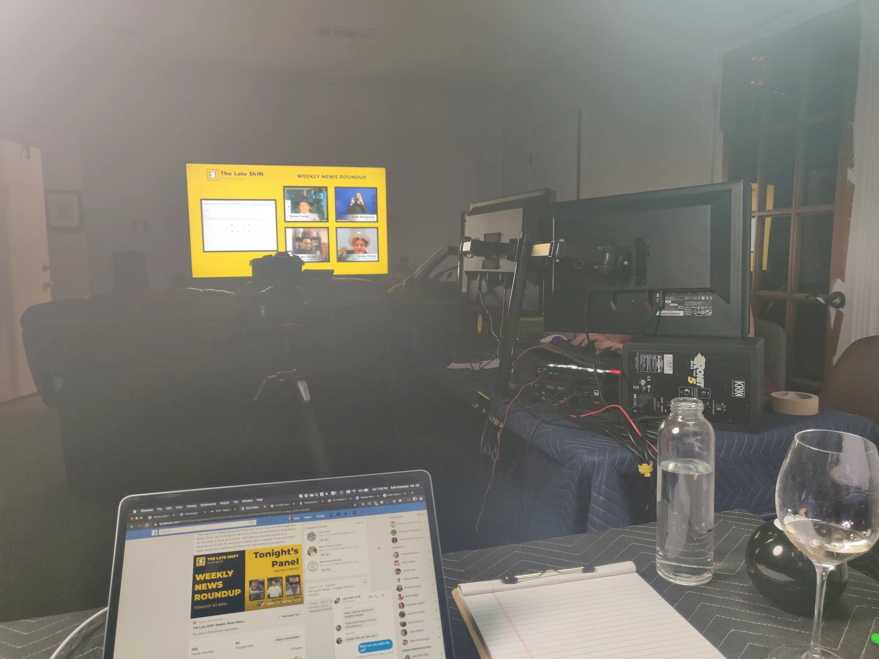The Late Shift weekly news roundup on the monitor, with the production setup in front.