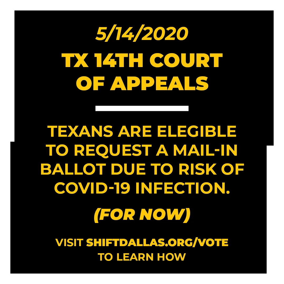 Historical SHIFT graphic dated May 14, 2020, about a Texas mail-in voting court decision.