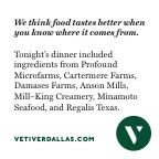 Vetiver dinner card naming ingredient producers.