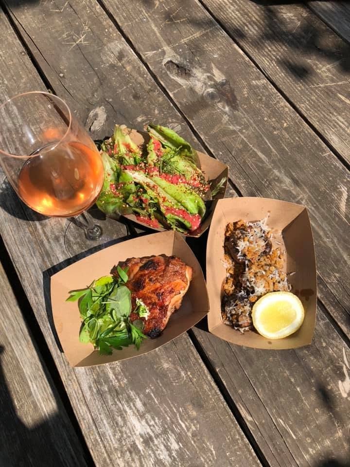 Wine and food at the table. Food by Josh Sutcliff. Photograph: Lisa Nguyen, April 27, 2019.