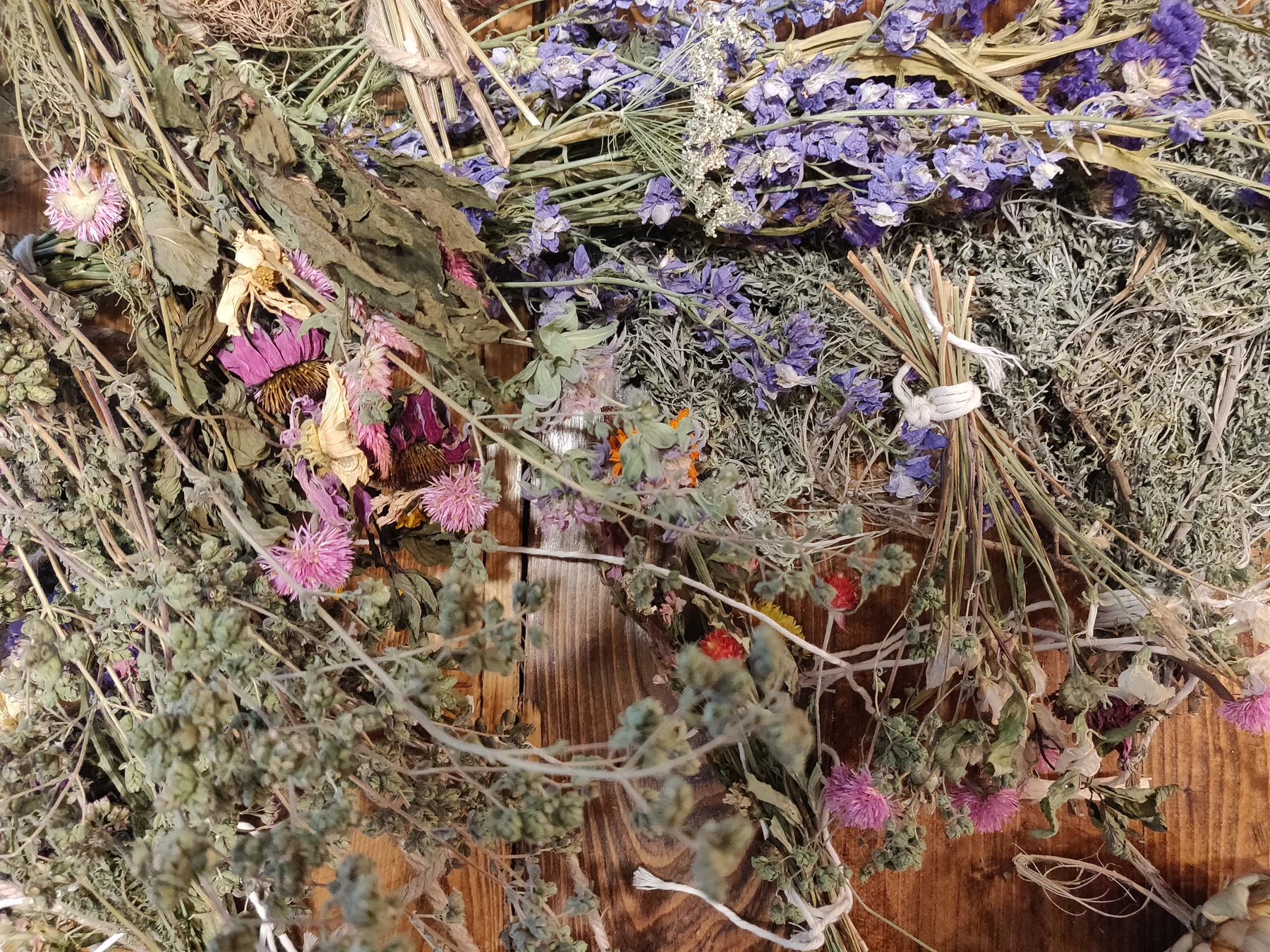 Dried flowers and herbs spread across a surface.