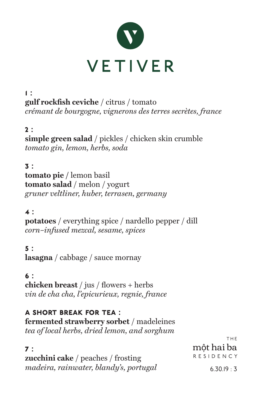 Vetiver menu for the Mot Hai Ba residency
