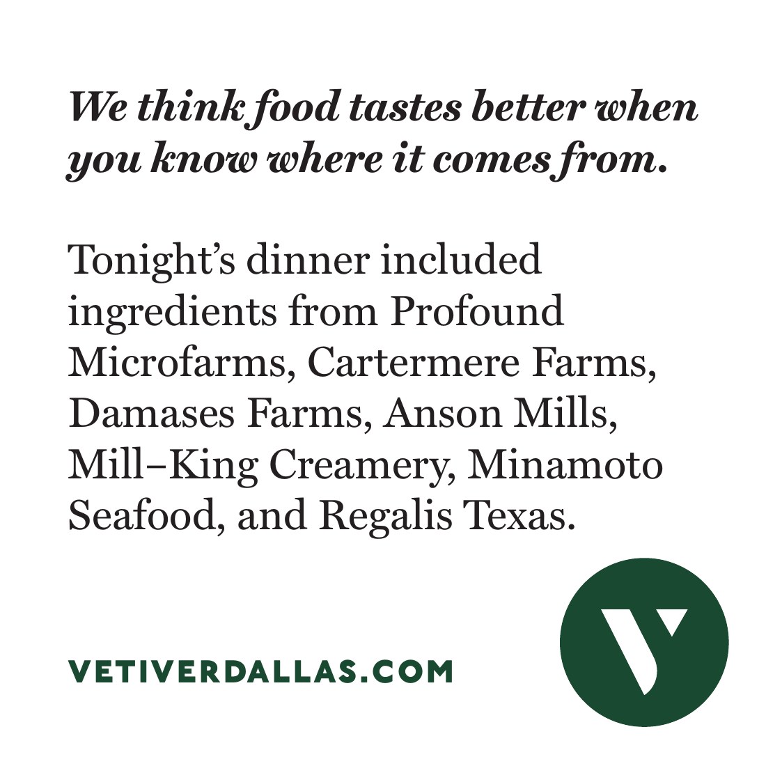 Dinner card naming the farms and producers behind the meal. Original print artwork.